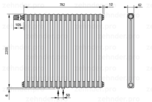 Схема (чертеж) Радиатор Zehnder Charleston 2220/17 №V007 Белый глянцевый RAL 9016